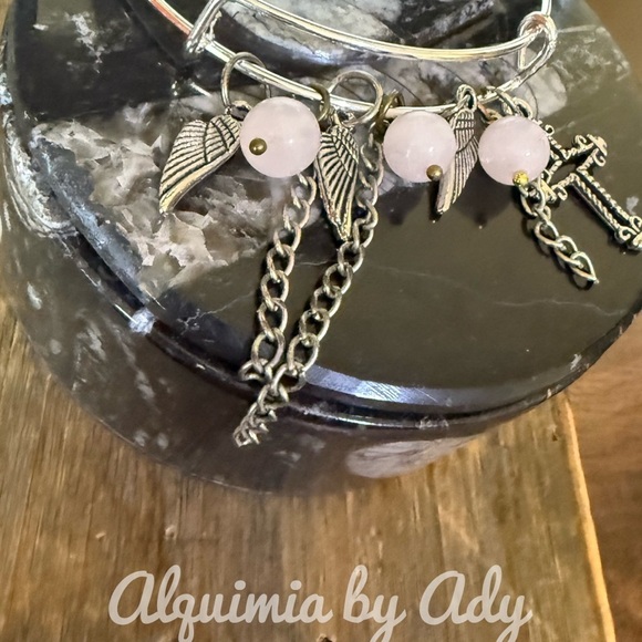 Silver adjustable bangle beads pink Quartz beaded bracelet - Picture 1 of 6